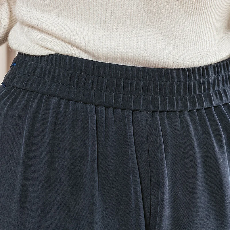 

VOA 30m/m Distressed Silk Heavy Elastic Waist Filler Selvage Yuke Pleated Slanting Pocket Loose All-match Wide Leg Pants K1336