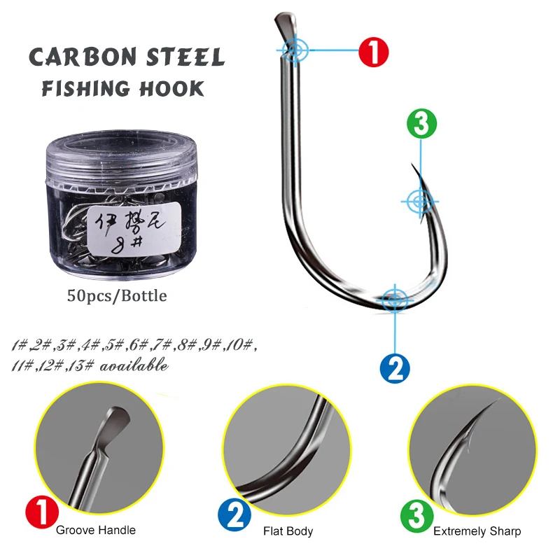50pcs/Bottle Barbed Fishing Hooks Carbon Steel GrassCarp&ampBighead Preferred 1# 2# 3# 4# 5# 6# 7# 8# 9# 10# 11# 12# 13# Fishhooks | Спорт и