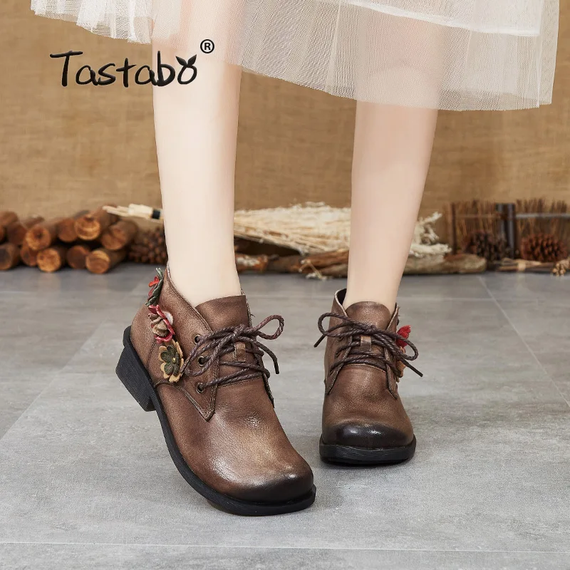 

Tastabo Genuine Leather ladies Bare boots Vintage ethnic style Women's boots Brown Gray S88202 Non-slip Comfortable Flat bottom