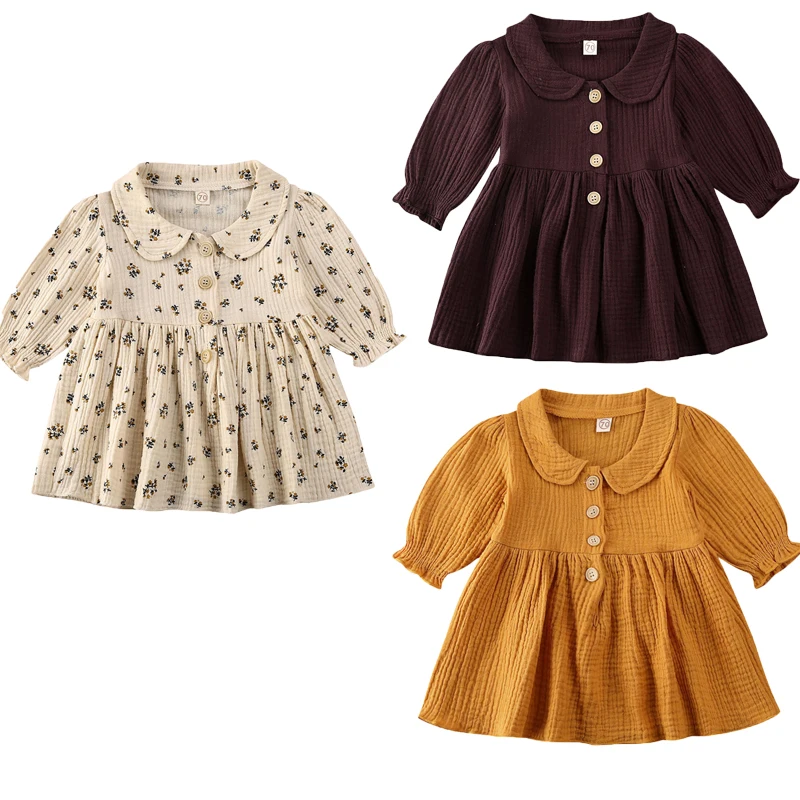 0-4Y Vintage Toddler Baby Kid Girls Dress Flower Long Sleeve Ruffles A line For Autumn Spring Costumes | Детская одежда и обувь