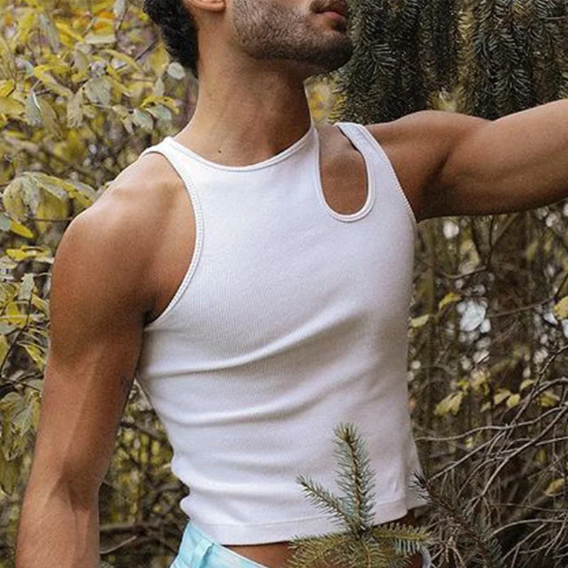 

2022 Summer Casual Knitted Tops Men Hipster Slash Neck Slim Vest Tee White Solid Sleeveless Fashion Tank Tops Men Streetwear 4XL