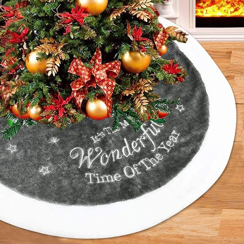 

90/122cm Large Grey Christmas Tree Skirt Plush Embroidery Scene Xmas Floor Mat Decor for Christmas Decoration