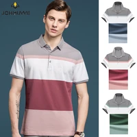johmuvve new men lapel short sleeve fashion trend all match casual business work striped stitching polo men summer