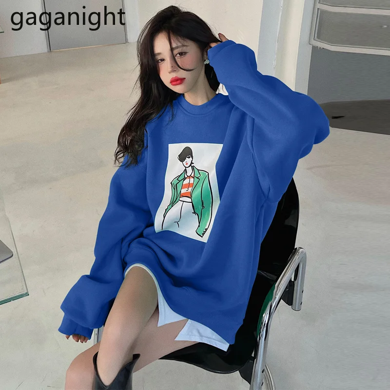 

Gaganight женский синий плюс бархатный толстый свитер с круглым вырезом 2021 осень и зима новый Instagram Печатный свободный ретро Повседневный Женск...