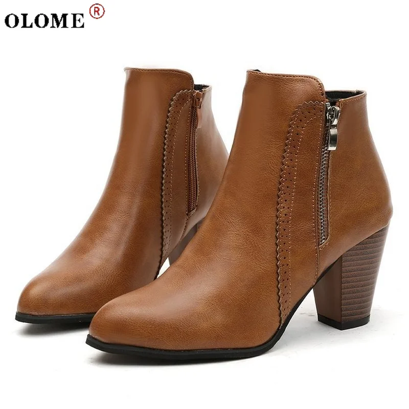 

Women's Retro Pu High-heeled Ankle Boots Autumn and Winter Thick with Mid-heel Casual Ankle Boots Plus Size 43