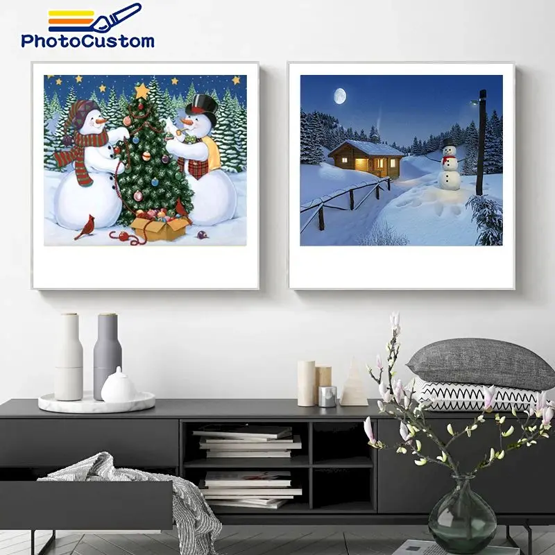 

PhotoCustom DIY Acylic Paints By Numbers Snowman Kits Modern Handpainted Landscape Oil Painting Home Decor Gift 40x50cm