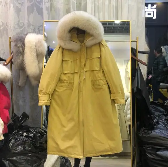 yellow Настоящий воротник из натурального меха-30 градусов зимняя женская куртка пальто с капюшоном Толстая теплая зимняя длинная пуховая парка белая куртка на утином пуху - Цвет: yellow