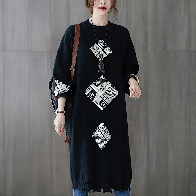 

New Korean Version Large Size Women's Bottoming Shirt Autumn And Winter With Patches Turtle Neck Long Sweaters Black Pullovers