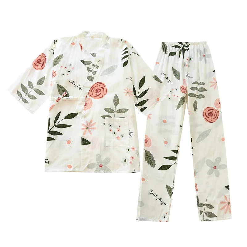 

Summer Kimono Pajamas Female Cotton Gauze Sleepwear V-Neck Three Quarter Print Loungewear 2 Piece Set Casual Loose Pijama Mujer