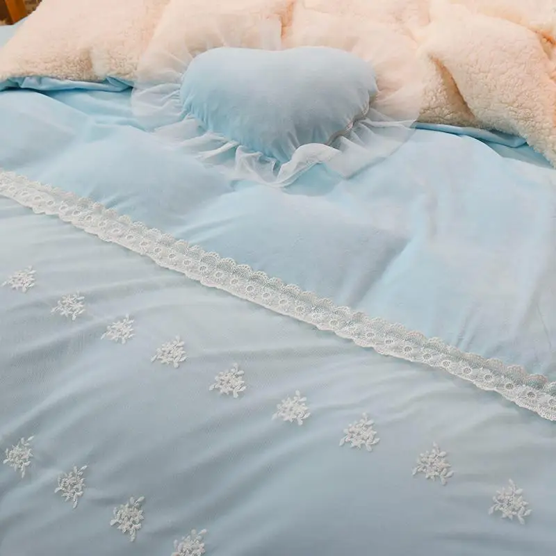 Blue Pink Purple Soft Berber Fleece Princess Girl White Lace Bedding Set Fabric Duvet Cover Bed sheet/Linen Pillowcases |