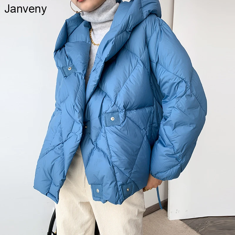 Janveny Winter Fashion Oversize 90% White Duck Down Jacket Women Hooded Short Thick Warm Puffer Coat Female Feather Parkas
