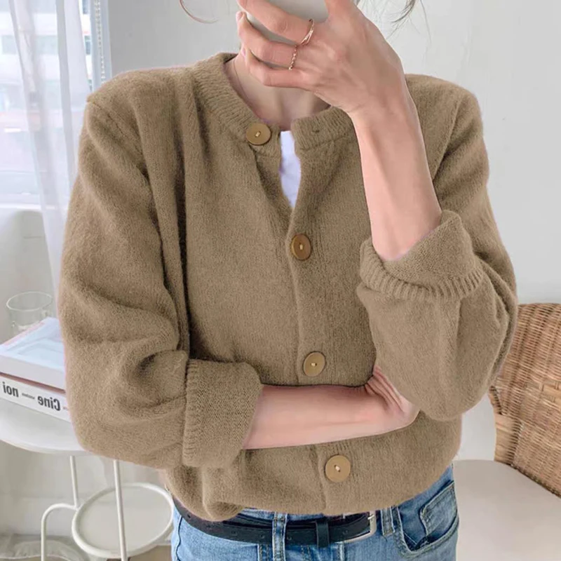 

Cardigan Sweater Women 's 2021 Youth Autumn Korean Style Solid Color Round Neck Long Sleeve Single-Breasted Knitted Short Coat