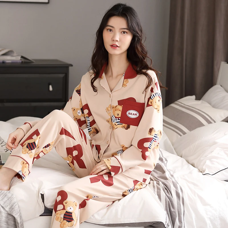 Пижамный комплект Женский хлопковый с принтом медведя | Женская одежда