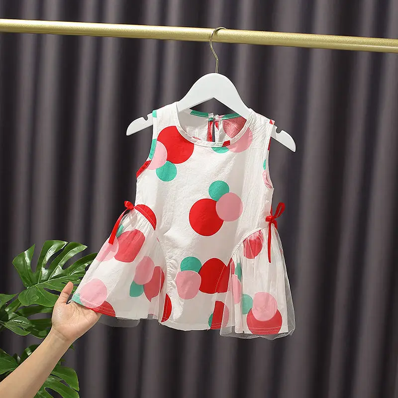 

Baby Girls Dress Summer New Children Sleeveless Button Dot Patchwork Mesh Bow Cute Princess A-Line Vest Kids Clothes Fashion