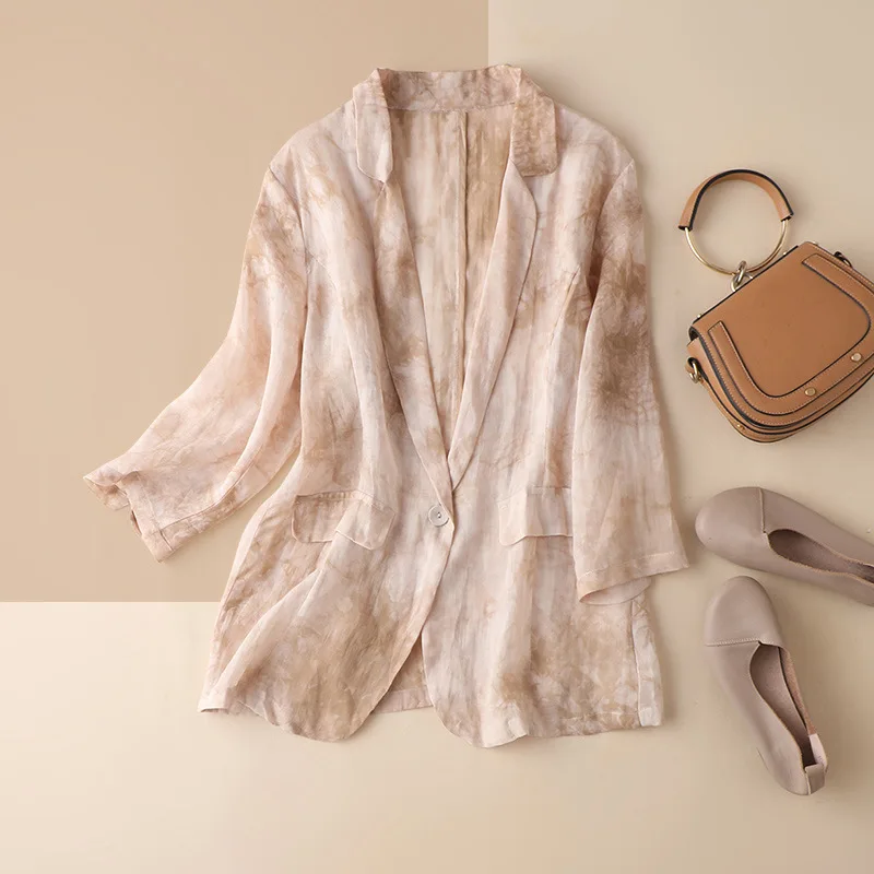 

Shuchan Ramie Tie Dye Womens Blazers Summer Three Quarter Sleeve Print Single Button Notched Indie Folk tops