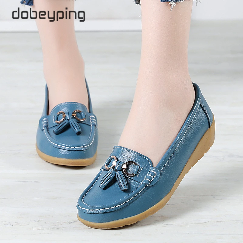 New Genuine Leather Shoes Woman Slip On Women's Flats Moccasins Female Loafers Spring Autumn Soft Mother Shoe Plus Size 35-44