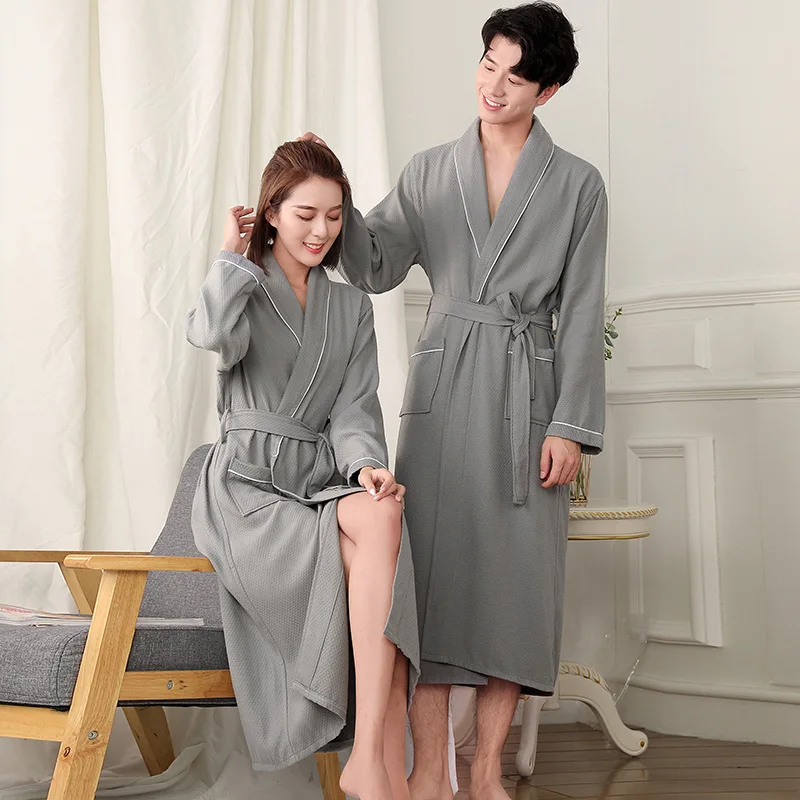 100% Cotton robe waffle long size bathrobes cotton layer warm couple nightgown water absorbent bathrobe