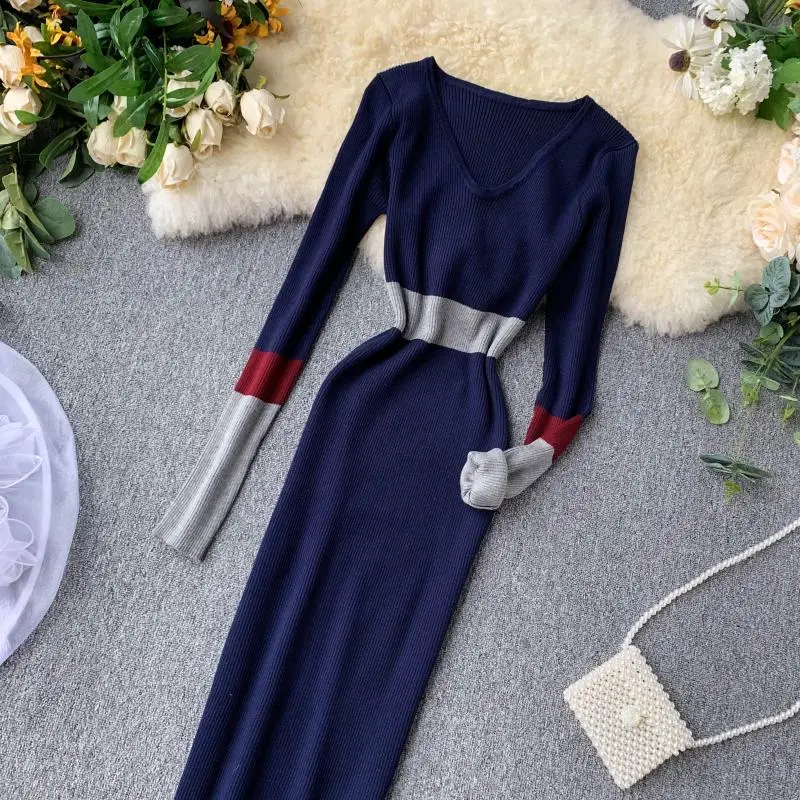 ALPHALMODA осеннее Новое винтажное вязаное платье женское цветное Элегантное зимнее платье с длинными рукавами вязаное платье-футляр