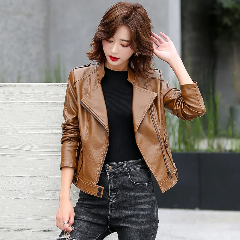 M-5XL New Women Leather Jacket Spring 2023 Fashion Solid Color Slim Short Sheepskin Coat Moto&Biker Style Tops Outerwear Female