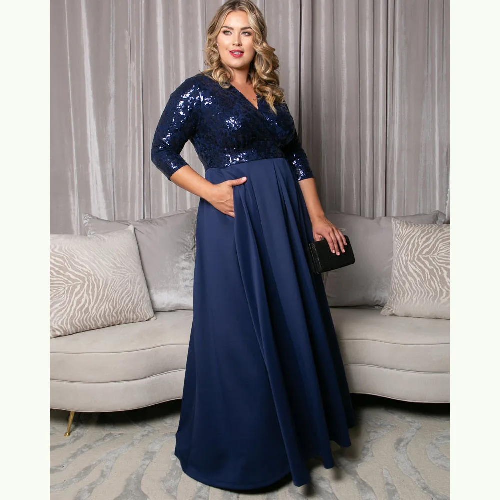 

Hot Sale Graceful Plus Size Mother of the Bride Dresses Navy Blue Sequin Bodice V Neckline Wedding Party Gowns with 3/4 Sleeves