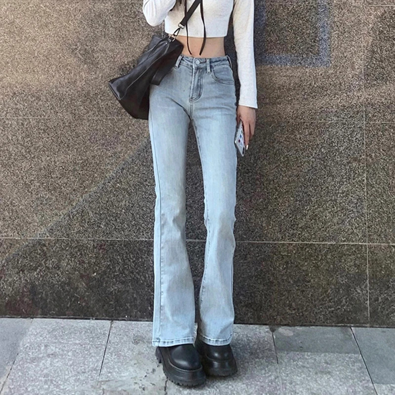 

Женские винтажные длинные джинсы-годе с высокой талией, женская уличная одежда, эластичные облегающие джинсовые расклешенные брюки с вырез...