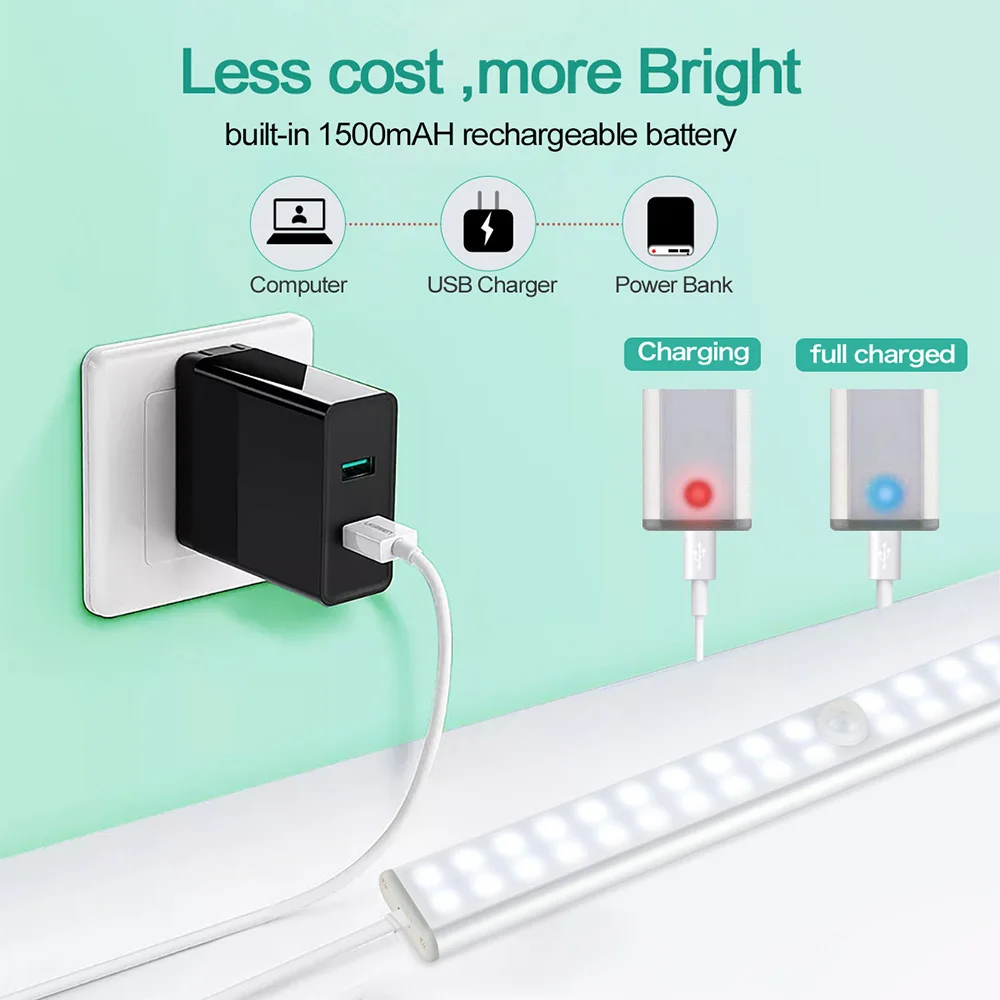 60LED/40LED/24LED светильник под шкаф с датчиком движения, беспроводной USB Перезаряжаемый светильник для кухонных шкафов