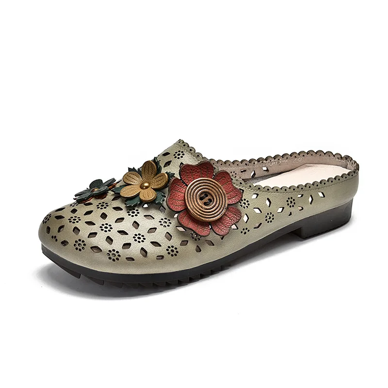 

YourSeason Ladies Slippers Genuine Leather Outside Floral Flat With Leisure 2021 Handmade Concise Vintage Slides Summer Shoes