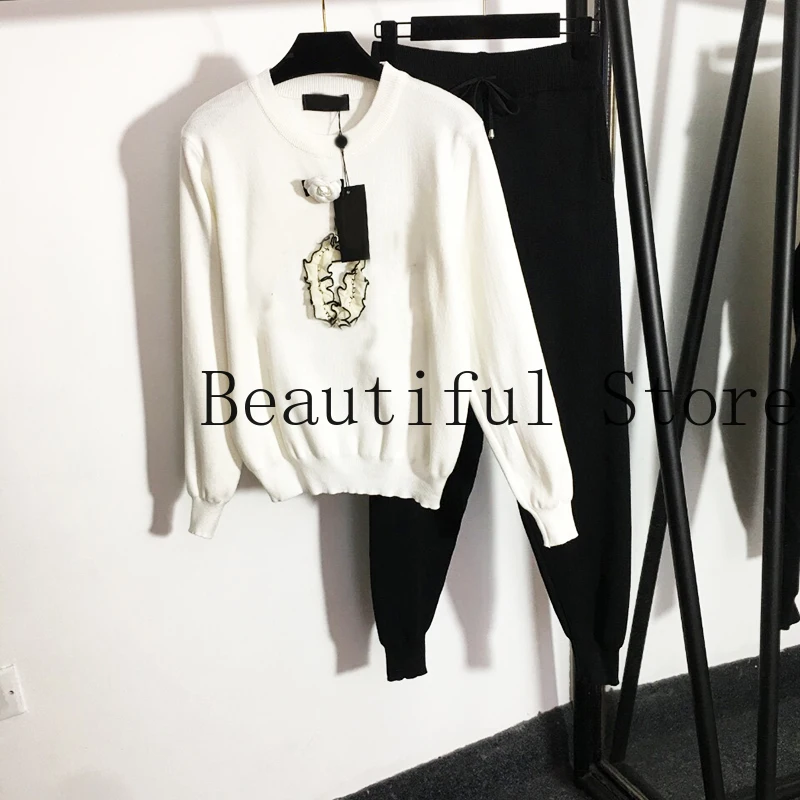 high end fashion sets letter logo brand Round neck long sleeve knitted sweater+elastic high waist casual pants two 2  pieces set kenvy high end luxury brand women s slash neck ruffles white elastic long knitted wool dress