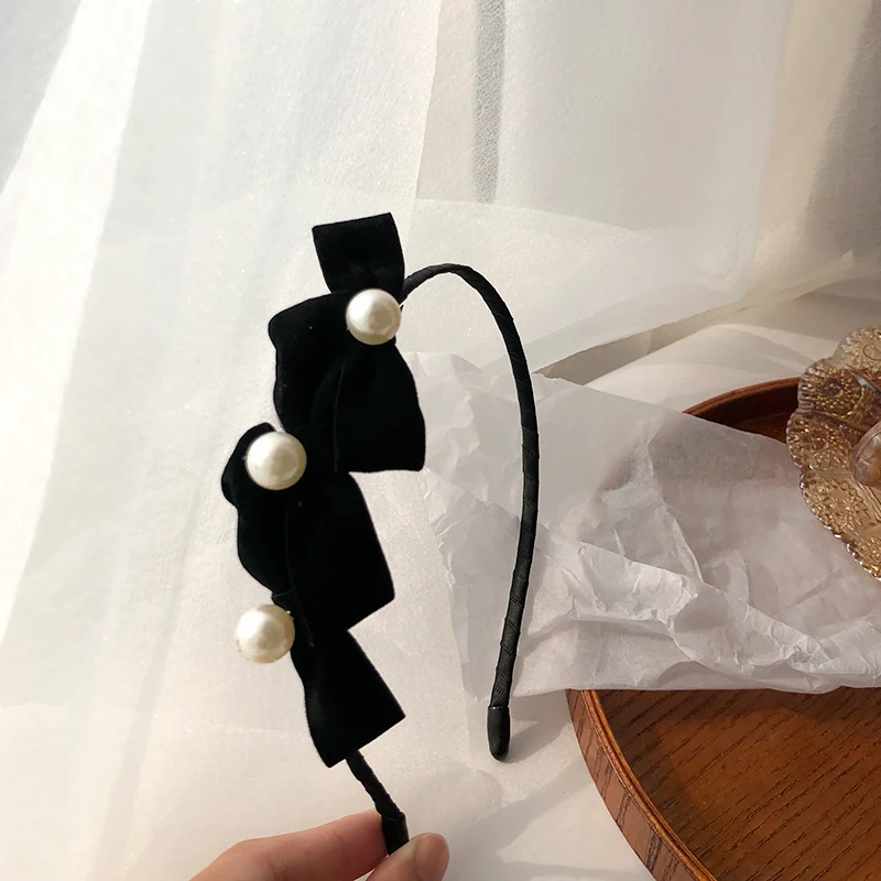 

Women Hair Band Jewelry Fashion Black Bowknot Hairband Hair Accessories Simulated Pearl Headband For Girl Gift Ornaments