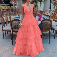 women pink white blue organza elegant puff tiered ball gown v neck layer ruffles long mesh female sexy evening party night dress