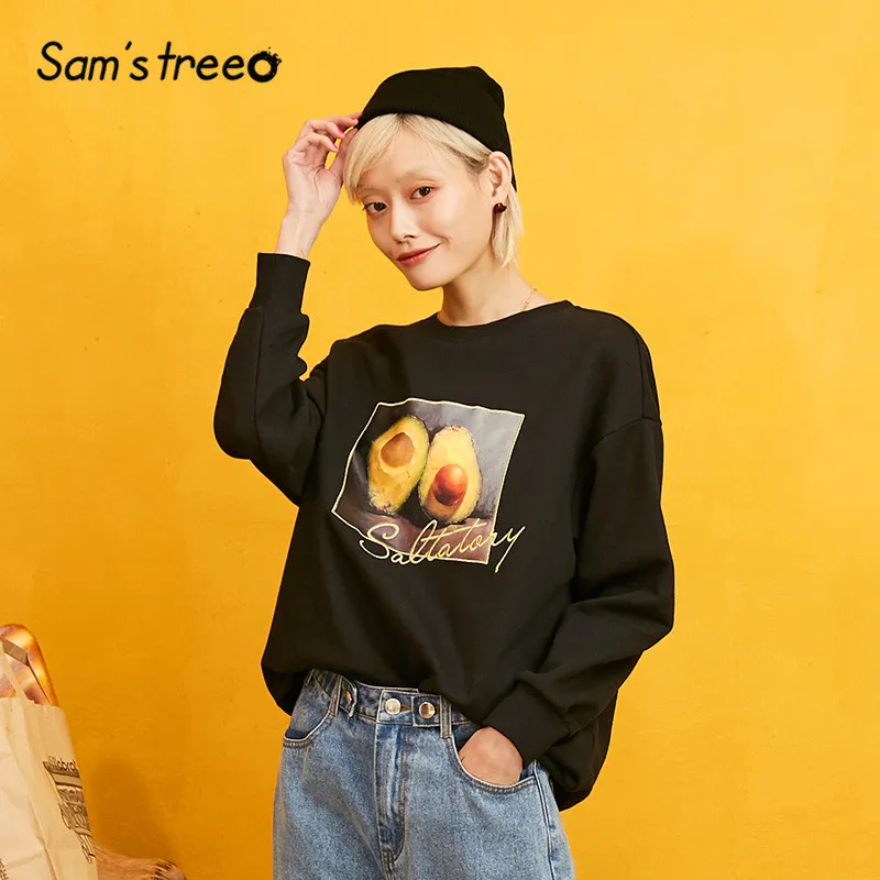 Samstree, Черный Принт авокадо, Корейская винтажная Женская толстовка, осень, для отдыха, большие размеры, толстовки, уличная одежда, женские топы
