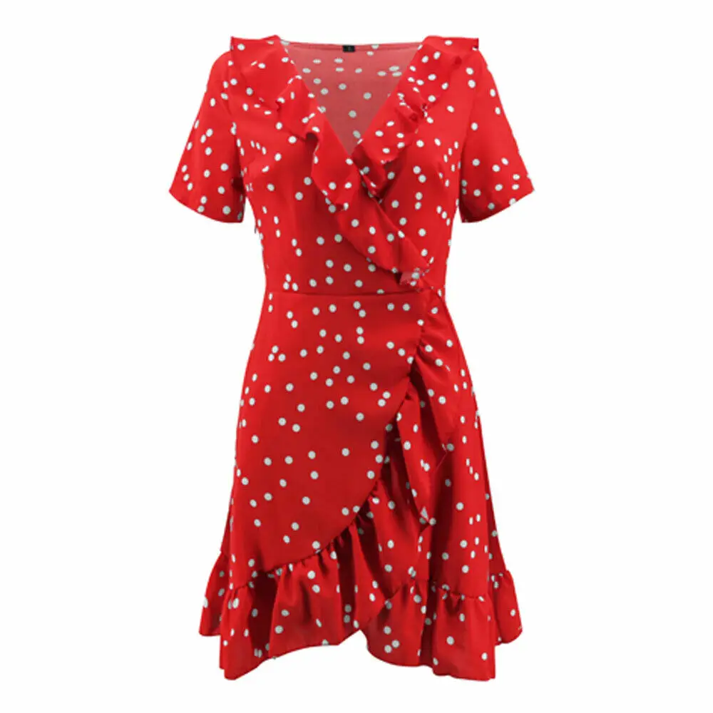 

Women Summer Short Sleeve Boho Polka Dot V-neck Ladies Holiday Beach Casual Short Mini Dress