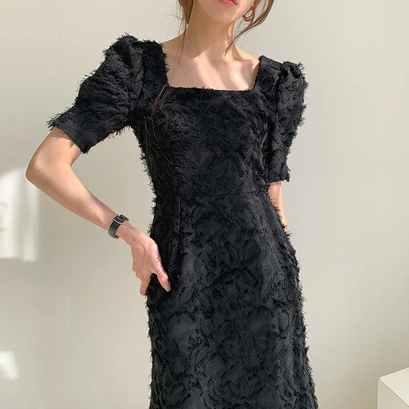 

South Korea Chic Dress Light Ripe Wind Square Collar Dress Woman Backless Tassel Waist Closed Slim Bubble Sleeve Part Dress