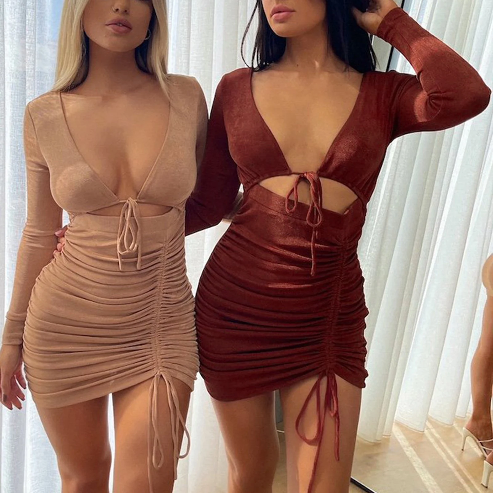 

2021 New Hirigin Women’s Casual Long Sleeve Short Dress Fashion Solid Color V-neck Hollow Tie Pleated Skinny Drawstring Dress