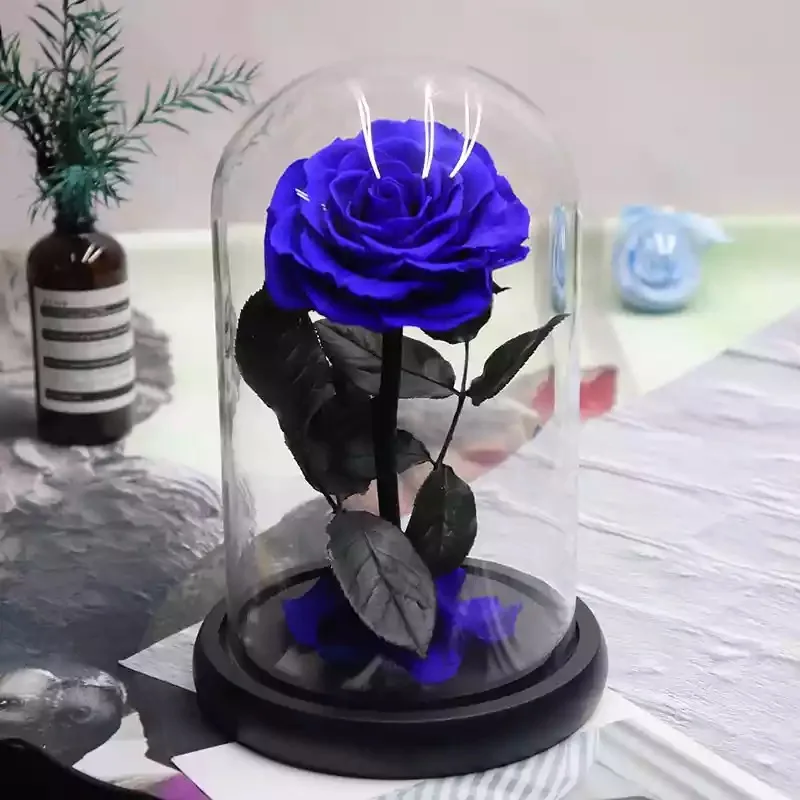 Blue 11 цветов, Красавица и чудовище, красная Праздничная Роза в стеклянном куполе, свежие цветы на День святого Валентина, подарок на Рождество - Цвет: Blue