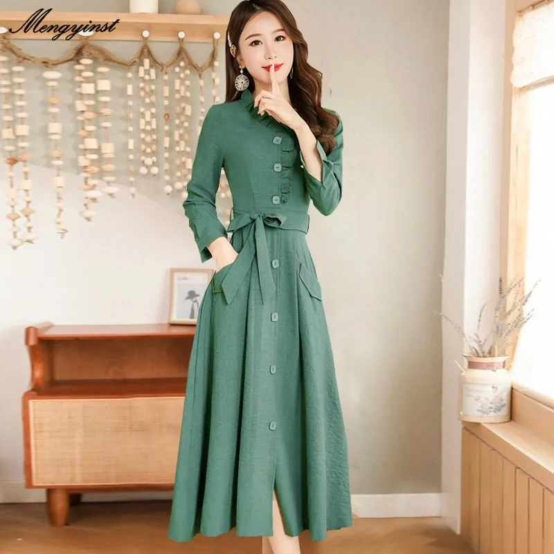 

Women Winter Fashion Full Sleeve Ruffled Collar Dress 2021 Female Elegant Cotton And Linen Sashes Slim Office Lady Long Dresses