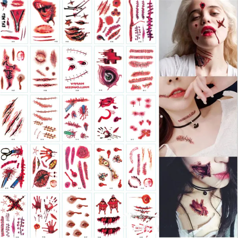 

30Pcs Halloween Waterproof Temporary Tattoo Sticker Luminous Glow in Dark For Kid Horror Scary Scar Fake Tattoo Body Art Decor