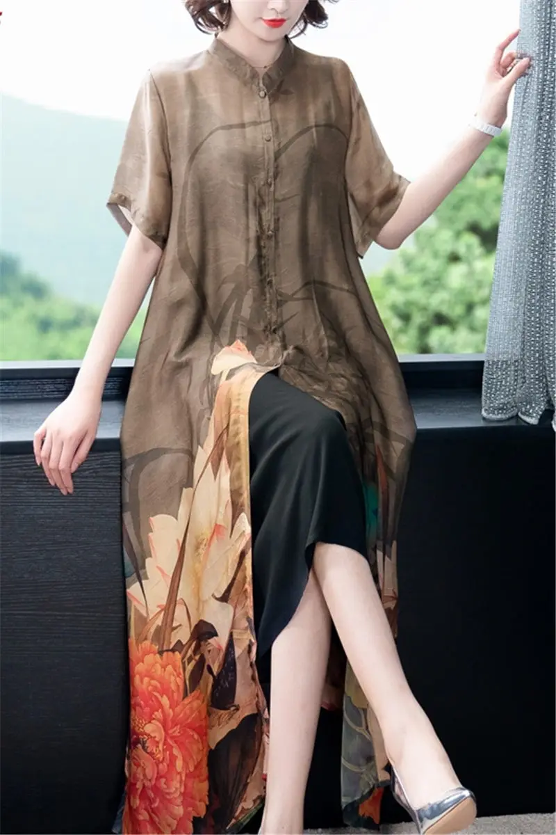 

Mother's Summer Two-piece Set National Style Fashion Printed Short Cardigan Long Shirt and Dress Lady Plus Size Noble Suits K228