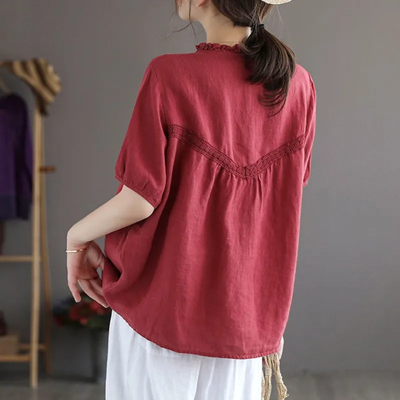 Женские повседневные рубашки из 100% хлопка однотонные свободные топы с коротким