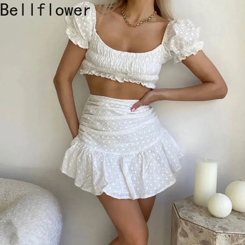 

Sexy One Word Collar Lace Top Women Suit High Waist Ruffle Two-piece Suit Sweet Solid Summer Pullover O-Neck Short Mini Dress