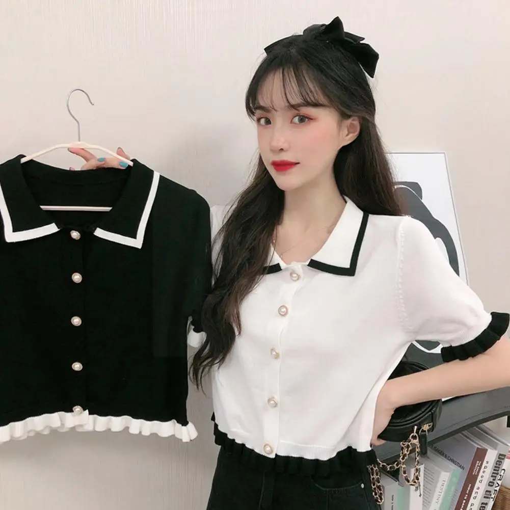 

Woman Tshirts Retro T-shirt Ruffled Short Sleeves Knitted Top Top Summer Mujer Camisetas Women Knitted Crop T0j7