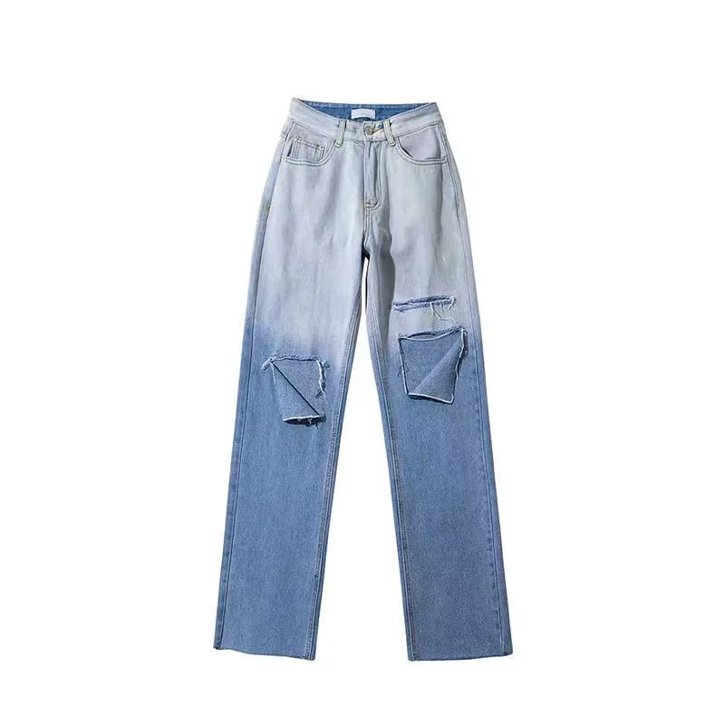 

GODLIKEU Women Jeans Retro Ripped High Waist Gradient Color Straight Wide Leg Pants Female Casual Loose Drape Trousers