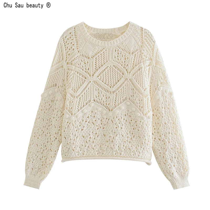 

2021 Autumn New Fashion Jacquard Mesh Knitted Sweater O-Neck Long Sleeve Thin Hollow Out Sweet Women Pullover Crop Top Female