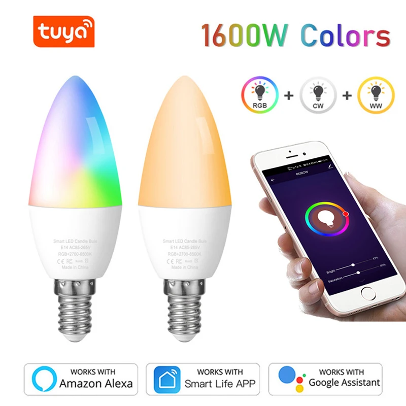 

Умная лампочка Tuya с Wi-Fi RGB + W + C, лампочка-свеча с регулируемой яркостью, светодиодная лампочка SmartLife/пульт дистанционного управления, совмест...