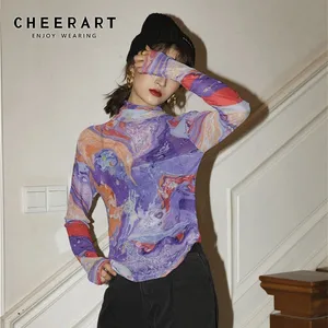 Женская Сетчатая футболка CHEERART, футболка с длинным рукавом фиолетовая футболка с принтом и высоким воротником, весна 2020