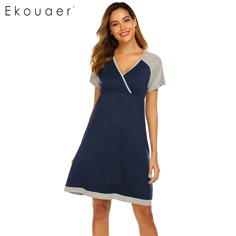 navy blue Ekouaer повседневное летнее Ночное платье Удобная Ночная сорочка с короткими рукавами и v-образным вырезом Ночная сорочка женские ночные рубашки - Цвет: navy blue