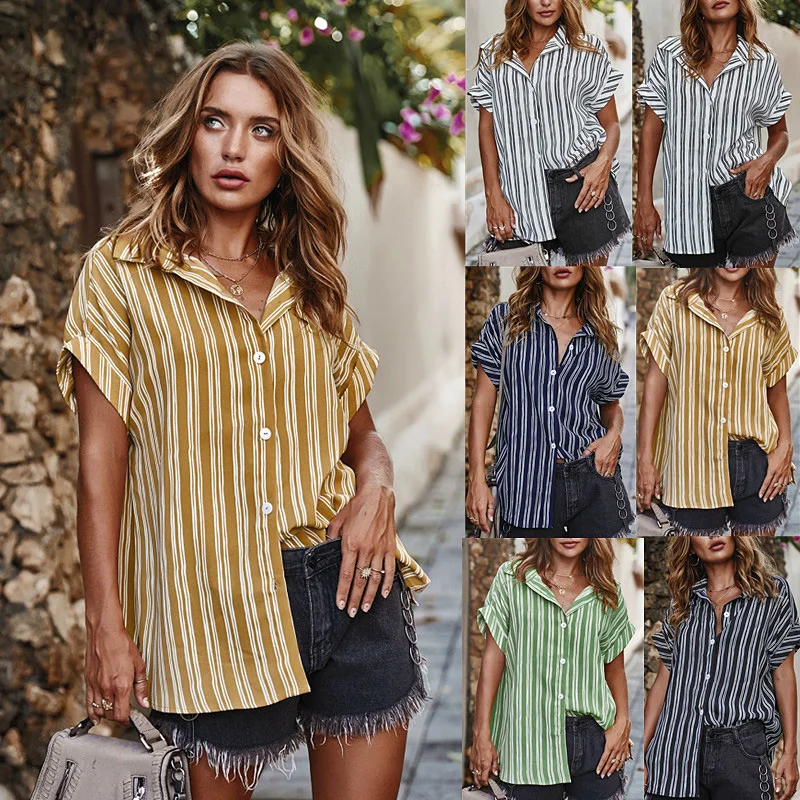 

Fashion Women's Shirt Sexy Women Ladies Summer Blouses Solid Color Striped Button Top Shirt Casual Tops Short sleeve