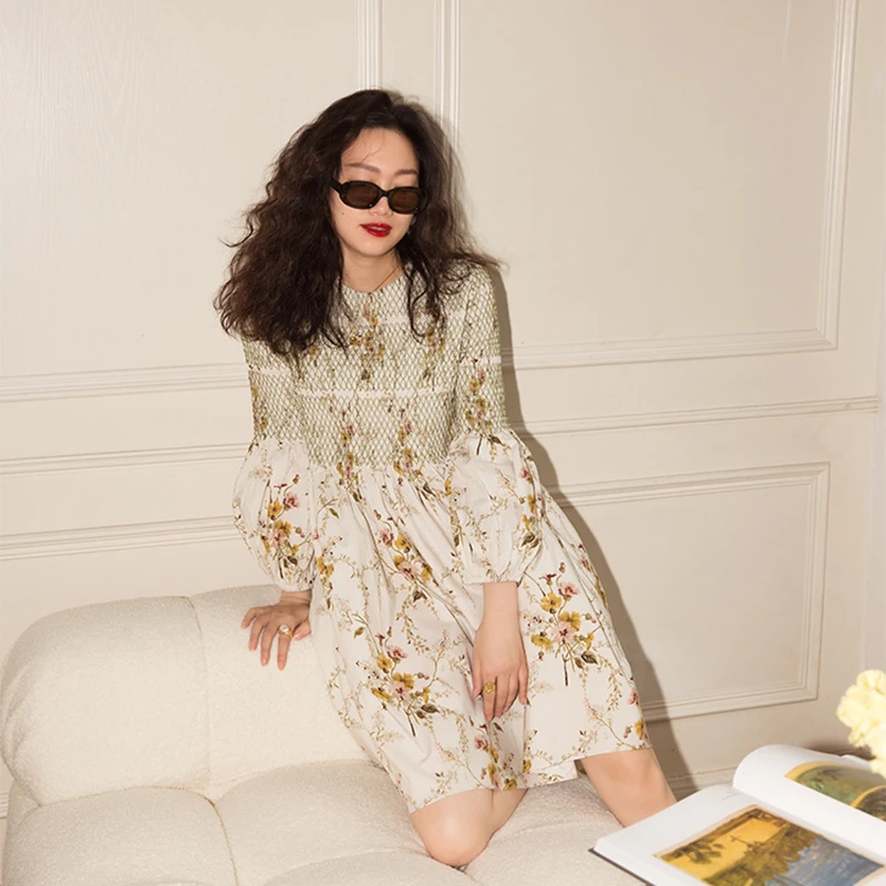 

GALCAUR Print Dress For Women O Neck Lantern Long Sleeve High Waist Knee Length Hit Color Ruched Dresses Female Fashion Clothing