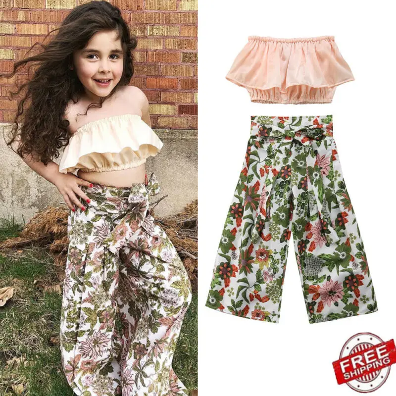 Комплект одежды для девочек из топа без бретелек с открытыми плечами и широких