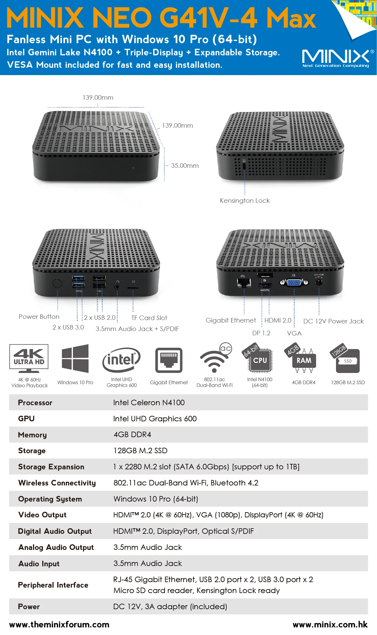 MINIX NEO G41V MAX MINI PC Intel Gemini Lake N4100 Windows 10 Pro 4G/128G Mini Triple-Display Expandable Storage | Компьютеры и офис